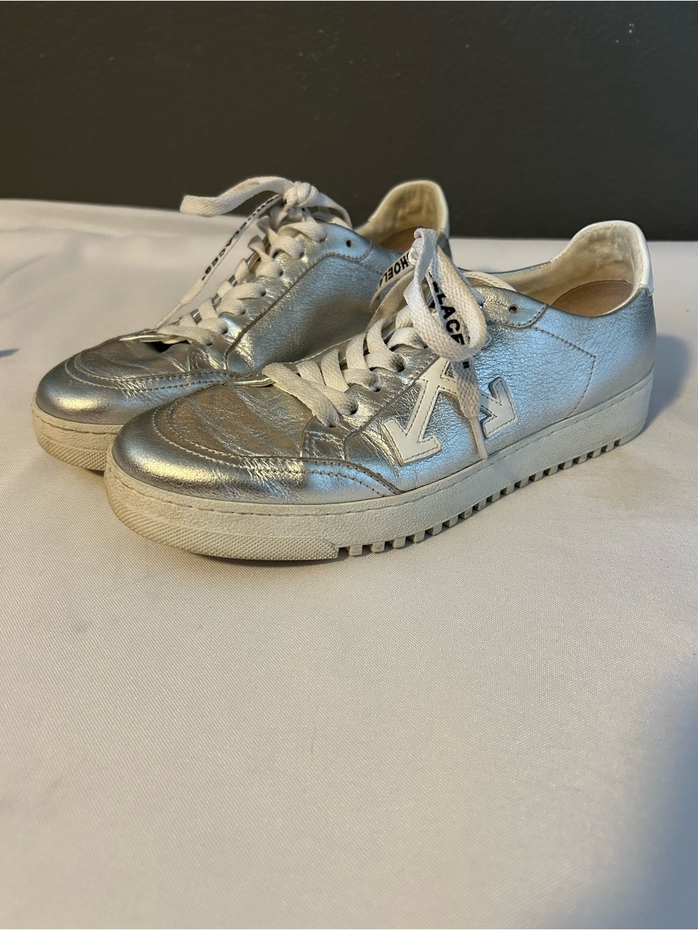 Off-White Metallic Silver Low-Top Sneakers “Out of the Office Mirror”